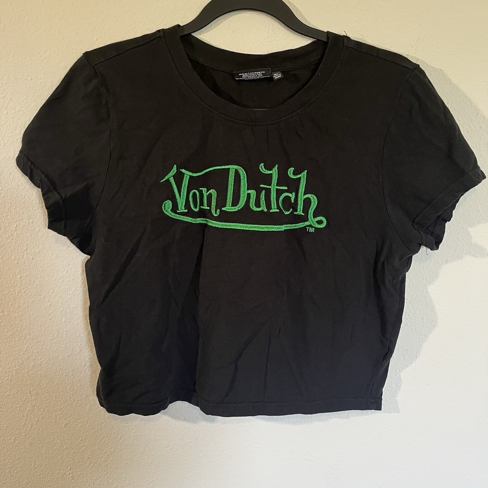 Von Dutch Crop Top T-Shirt Women's XL Black Green Logo Graphic Short Sleeve Y2K
